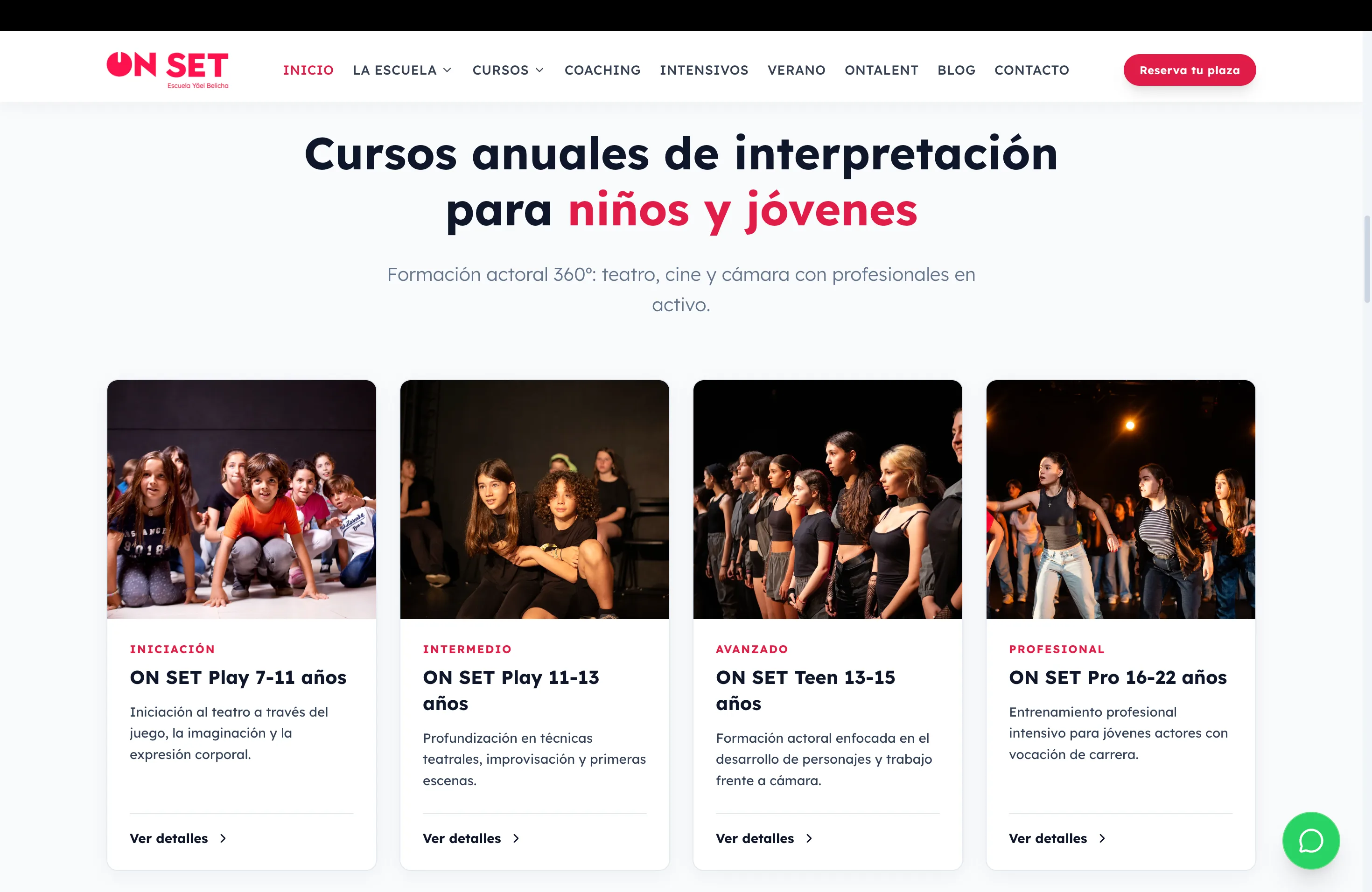 Página de cursos anuales de Escuela ON SET