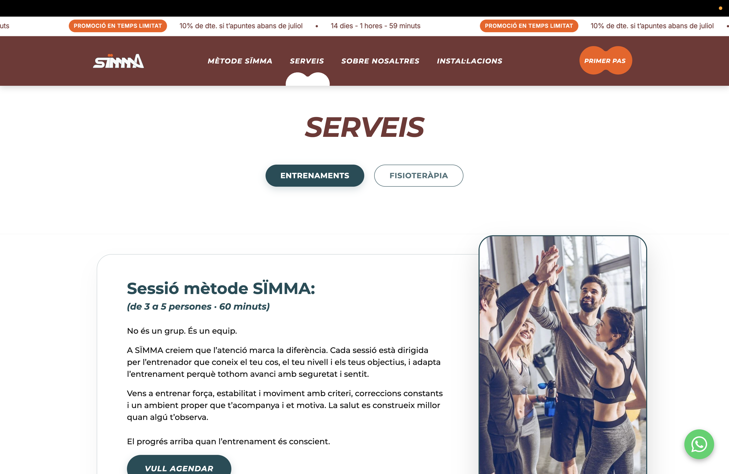 Servicios de SÏMMA: entrenamiento personal, grupos reducidos, nutrición y fisioterapia